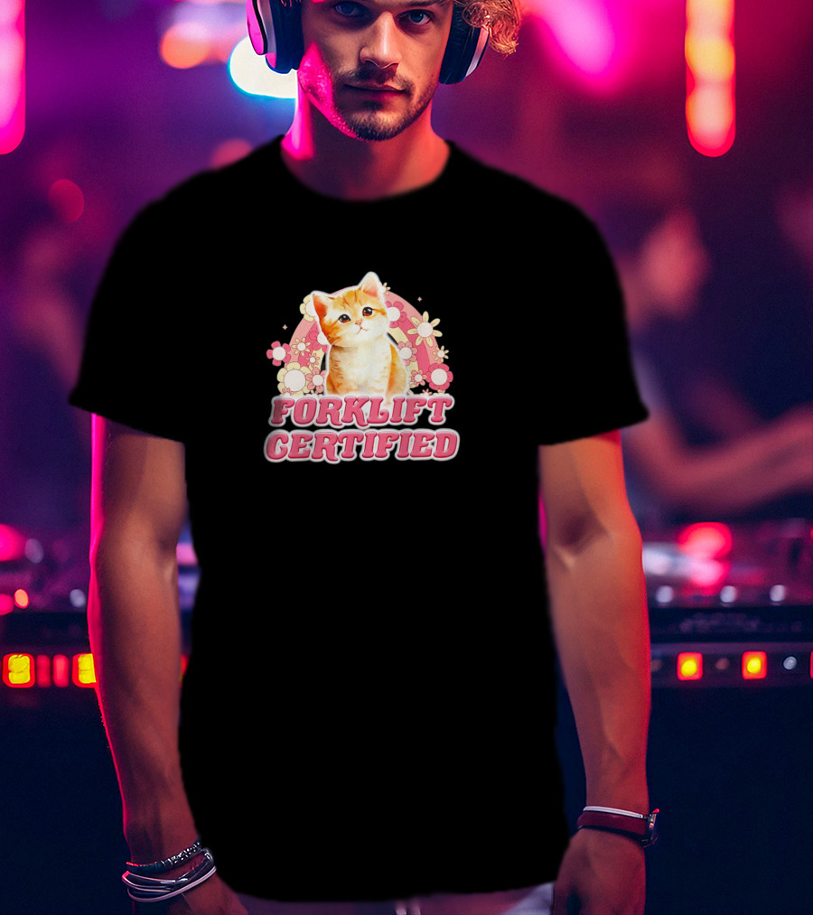 Cat Forklift Certified Cute Floral Pink T-Shirt