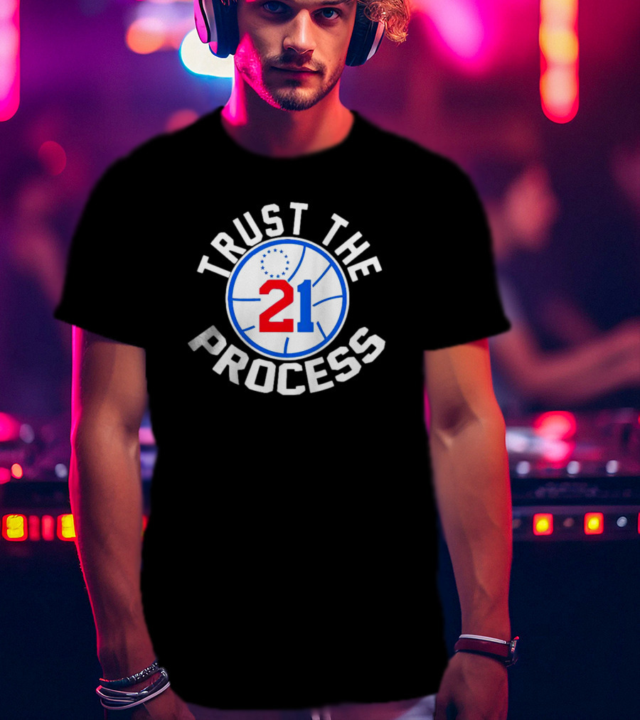 Philadelphia 76ers Joel Embiid 21 Trust The Process Basketball Emblem T-Shirt