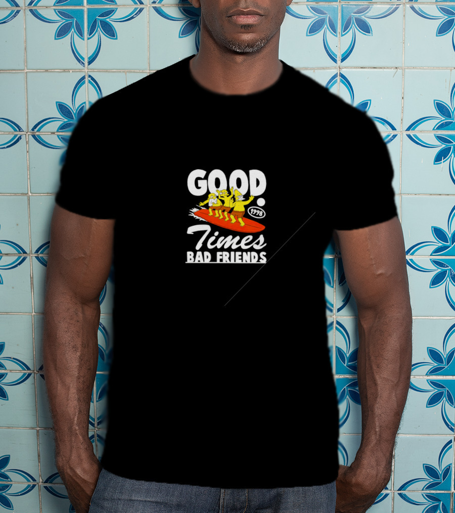 GOOD TIMES BAD FRIENDS 1998 Surfing Cartoon T-Shirt