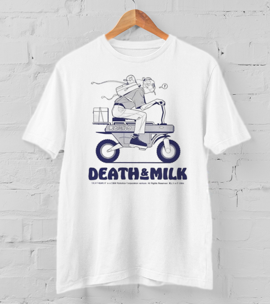 DEATH And MILK ©2004 K F Y ©C Foroffice Corp. Riding Motorbike With Backpack And Box T-Shirt