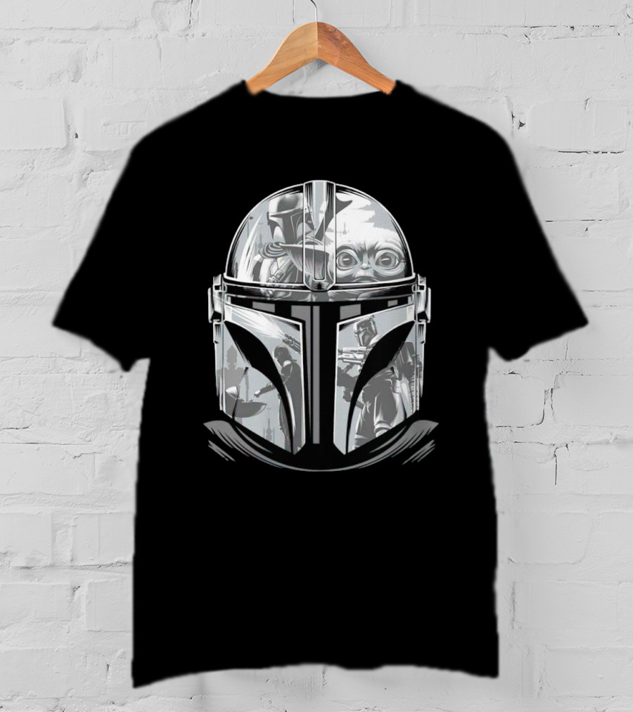 Mandalorian Helmet Artwork With Grogu And Bounty Hunter Scenes T-Shirt