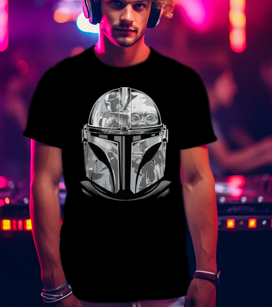 Mandalorian Helmet Artwork With Grogu And Bounty Hunter Scenes T-Shirt
