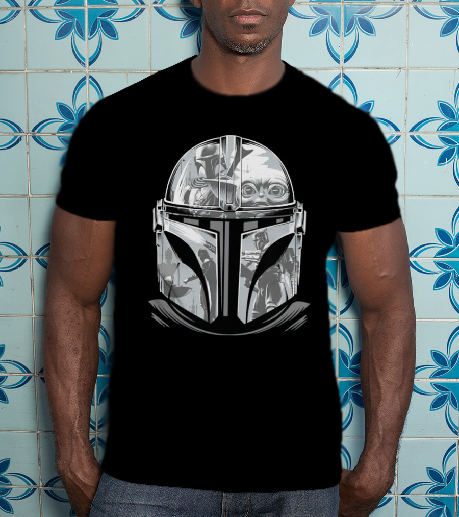 Mandalorian Helmet Artwork With Grogu And Bounty Hunter Scenes T-Shirt