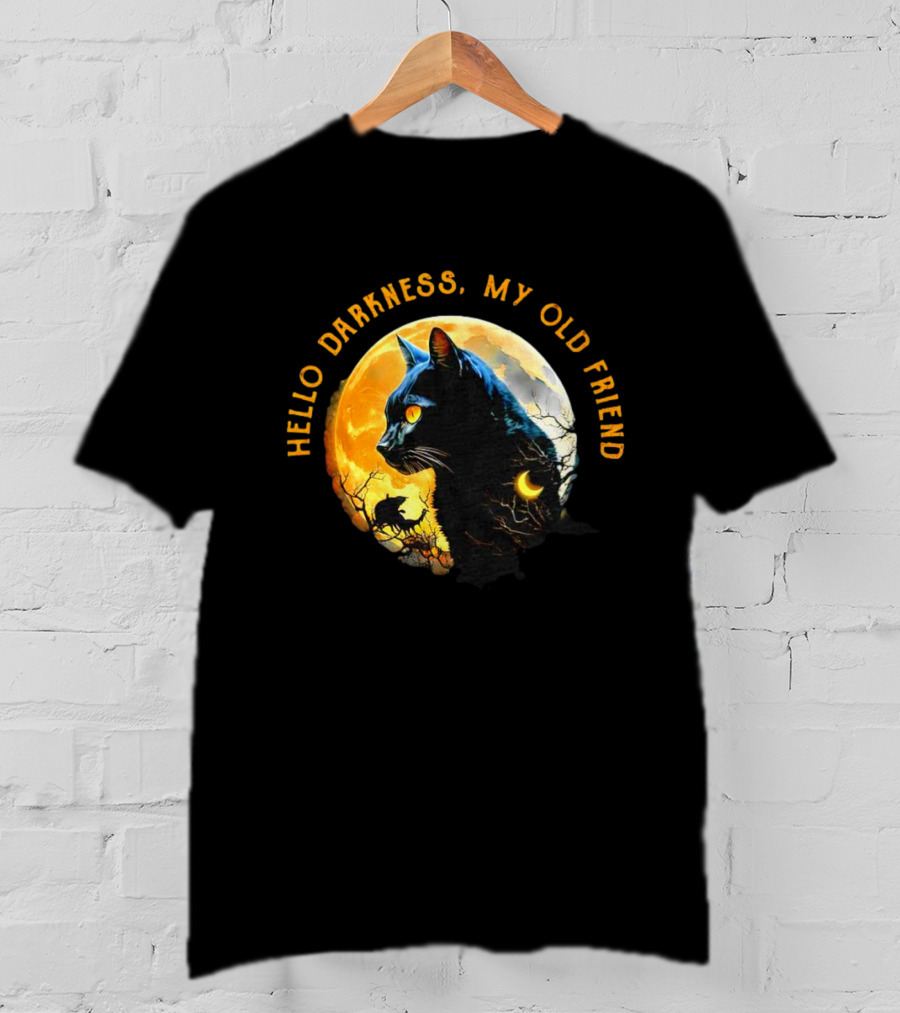 Black Cat Hello Darkness My Old Friend Moon Scene T-Shirt