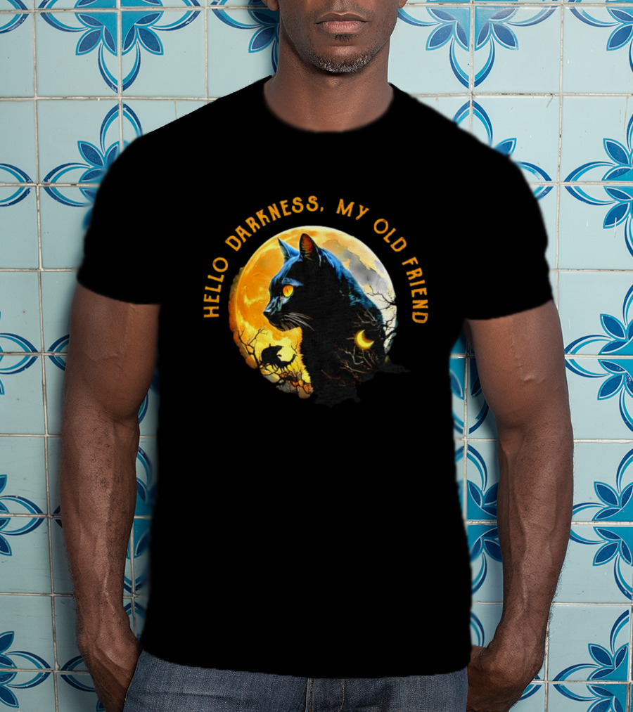 Black Cat Hello Darkness My Old Friend Moon Scene T-Shirt