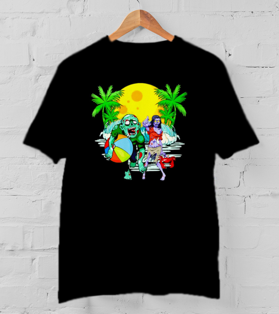 Zombie Beach Party Under Palm Trees With Beach Ball And Surf Waves T-Shirt