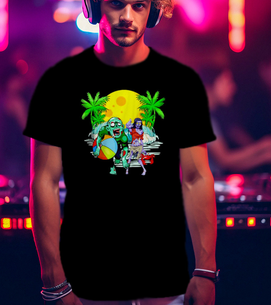 Zombie Beach Party Under Palm Trees With Beach Ball And Surf Waves T-Shirt