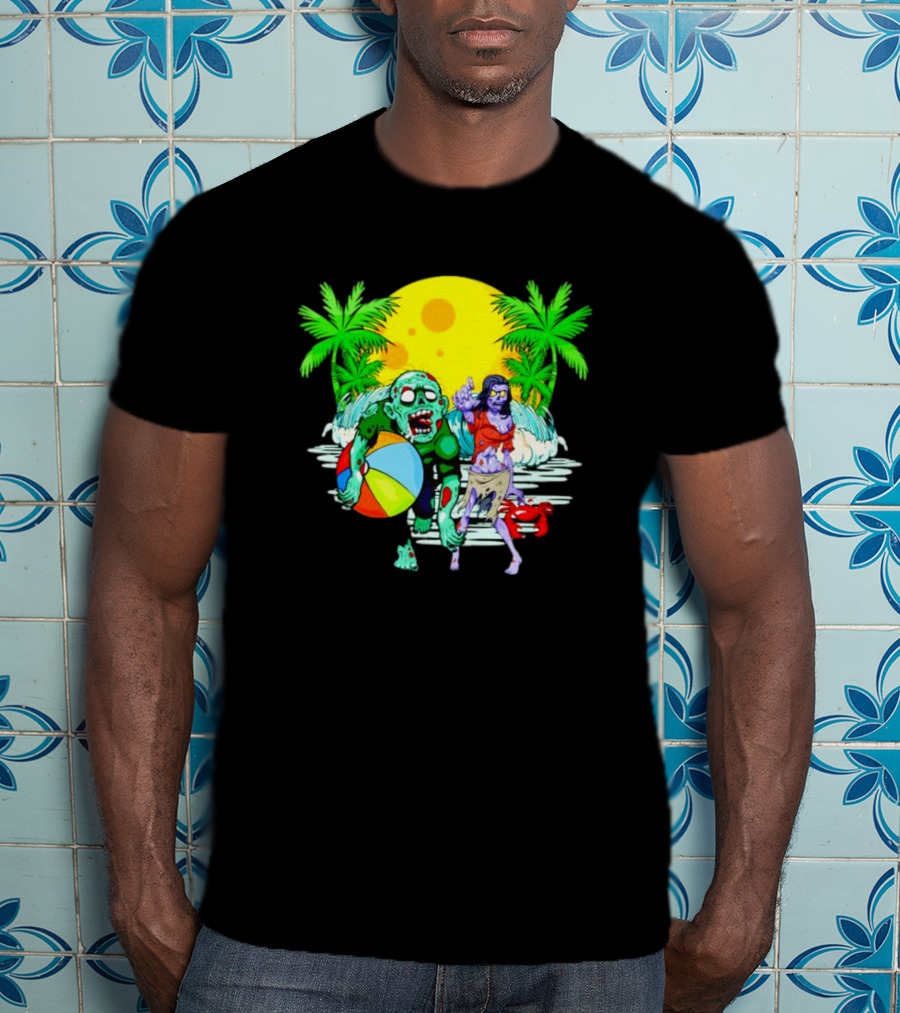 Zombie Beach Party Under Palm Trees With Beach Ball And Surf Waves T-Shirt