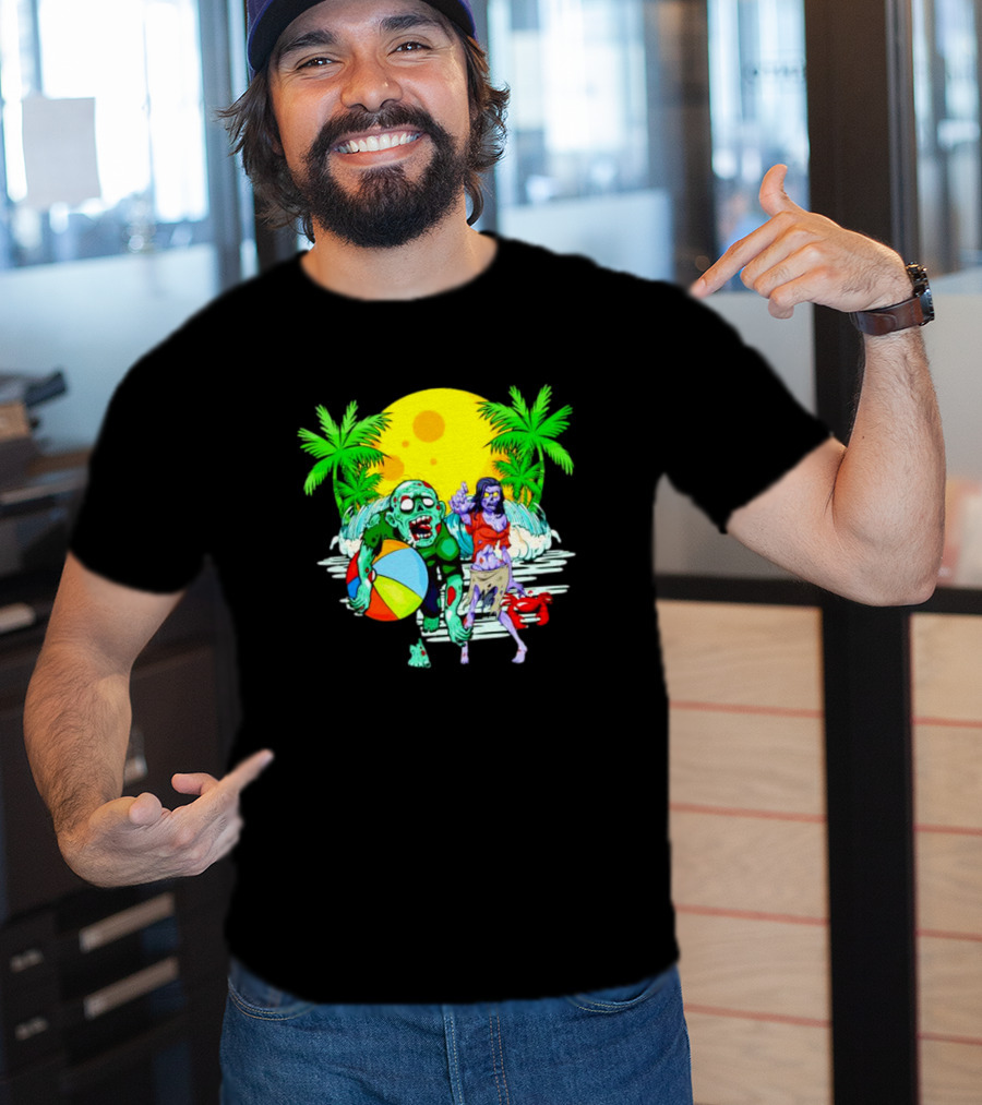 Zombie Beach Party Under Palm Trees With Beach Ball And Surf Waves T-Shirt