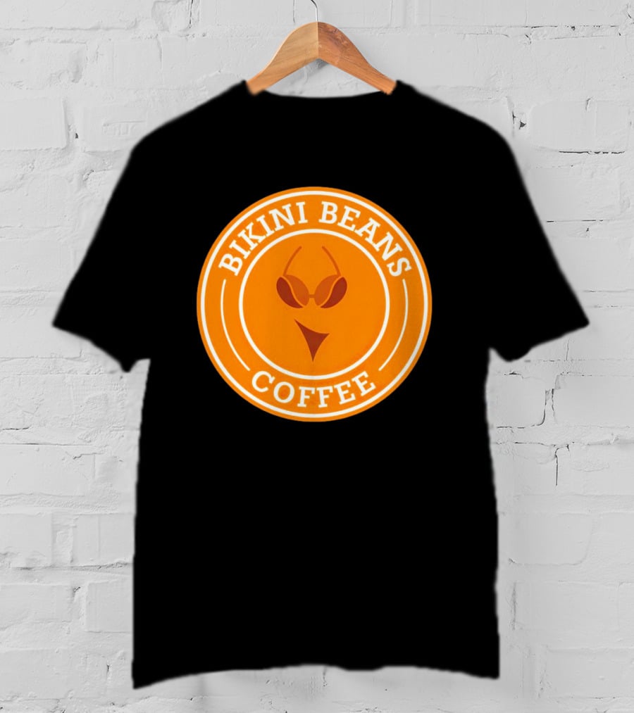 Bikini Beans Coffee Circular Logo With Sunglasses And Orange Background T-Shirt