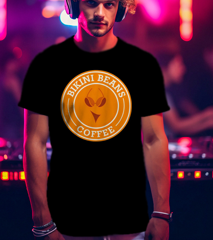 Bikini Beans Coffee Circular Logo With Sunglasses And Orange Background T-Shirt