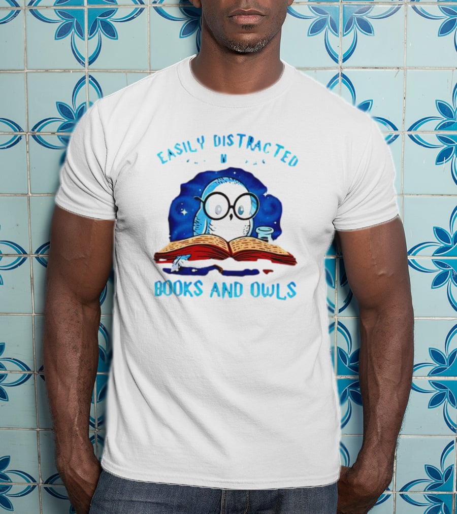 Easily Distracted By Books And Owls With Blue Starry Background And Cute Glasses-Wearing Owl Reading T-Shirt