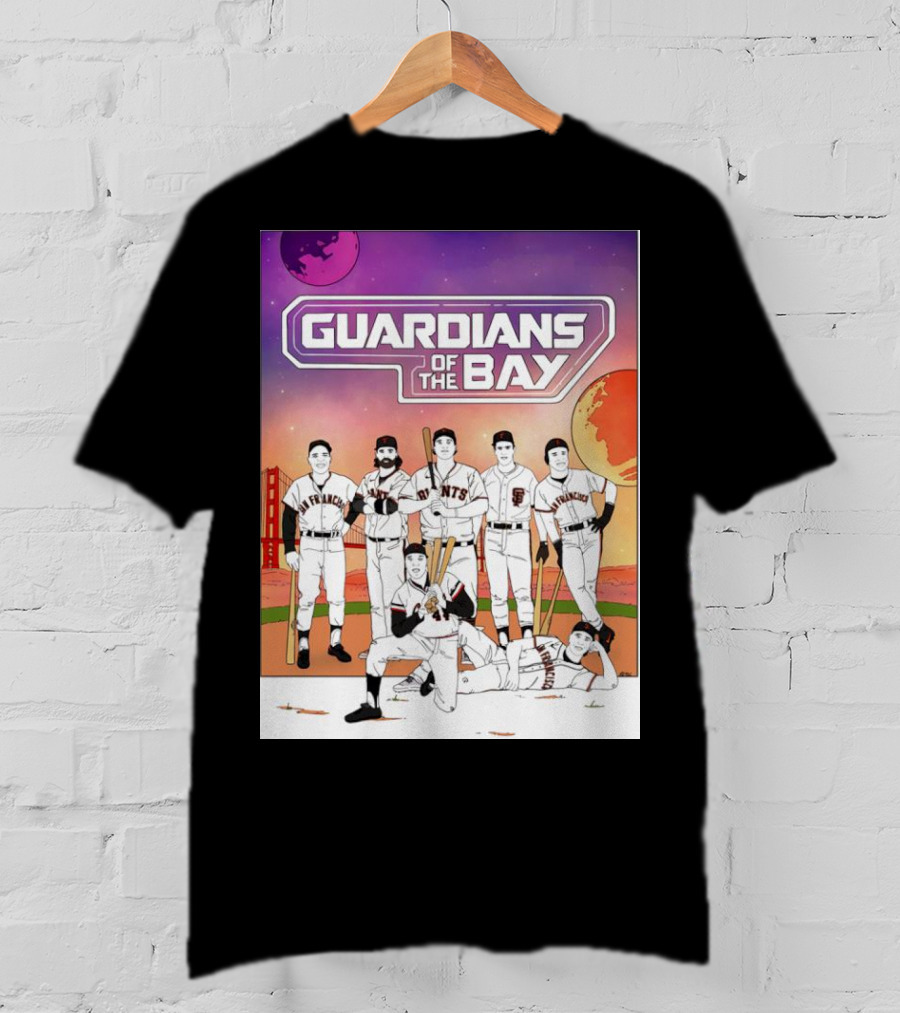 Guardians Of The Bay San Francisco Giants Baseball Players With Golden Gate Bridge And Sunset Background T-Shirt