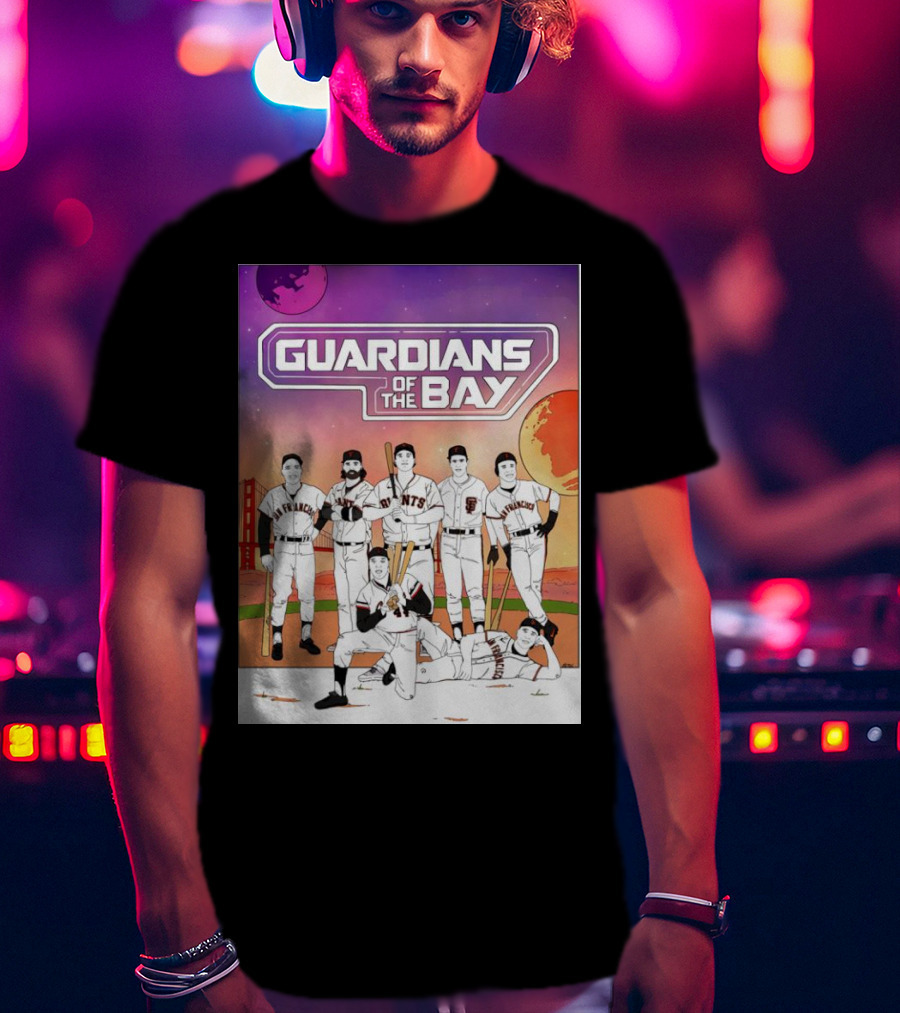 Guardians Of The Bay San Francisco Giants Baseball Players With Golden Gate Bridge And Sunset Background T-Shirt