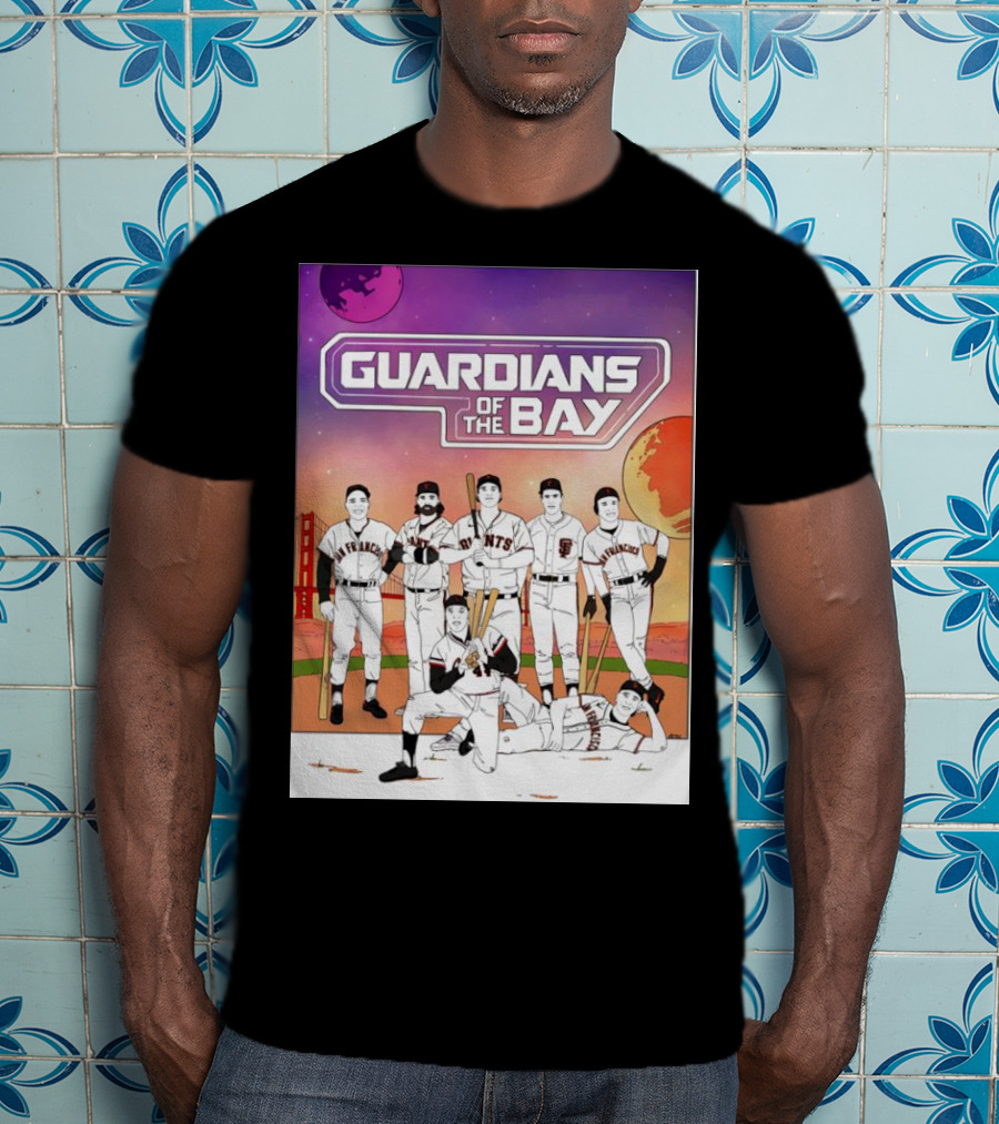 Guardians Of The Bay San Francisco Giants Baseball Players With Golden Gate Bridge And Sunset Background T-Shirt