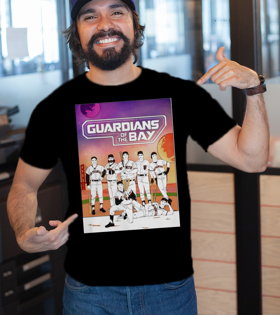 Guardians Of The Bay San Francisco Giants Baseball Players With Golden Gate Bridge And Sunset Background T-Shirt