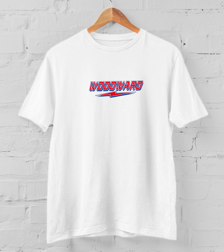 Woodward Pistons Lightning Bold Red And Blue Text With Stylized Bolt T-Shirt