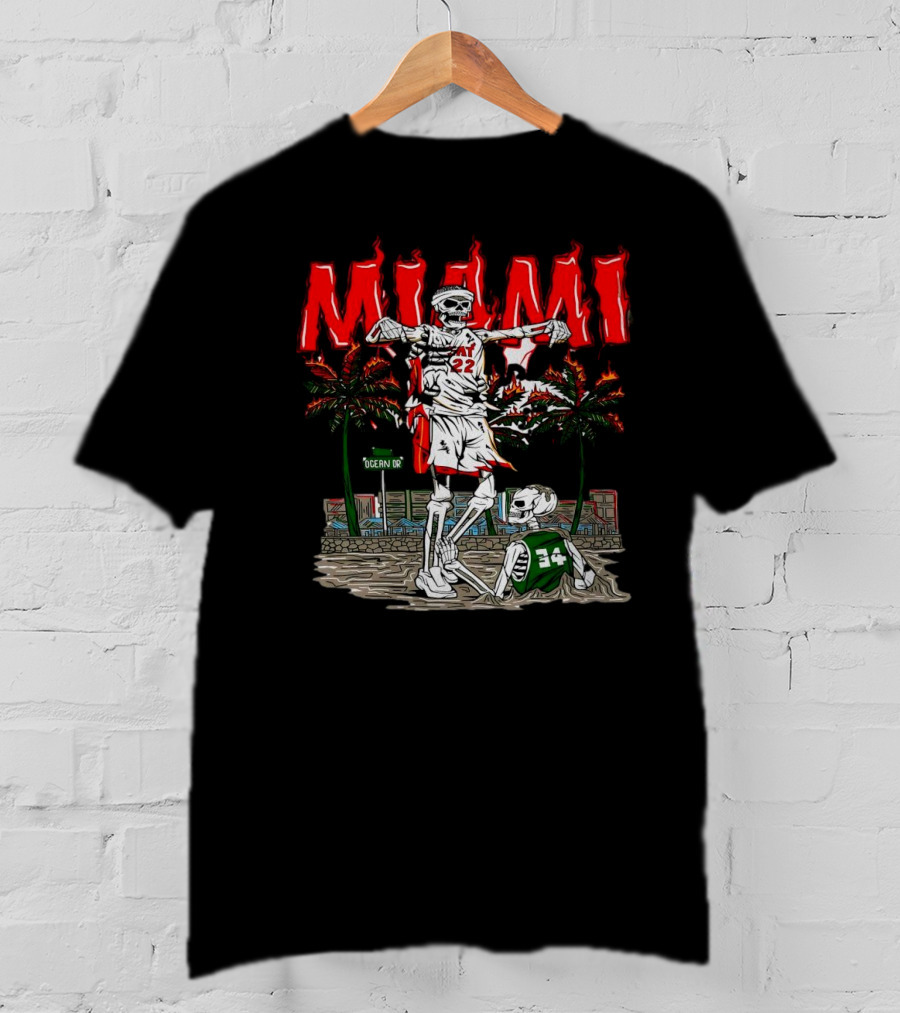 Miami Heat Skeleton Celebrating Over Boston Celtics On Ocean Drive T-Shirt