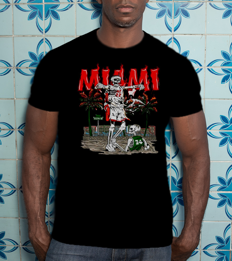 Miami Heat Skeleton Celebrating Over Boston Celtics On Ocean Drive T-Shirt