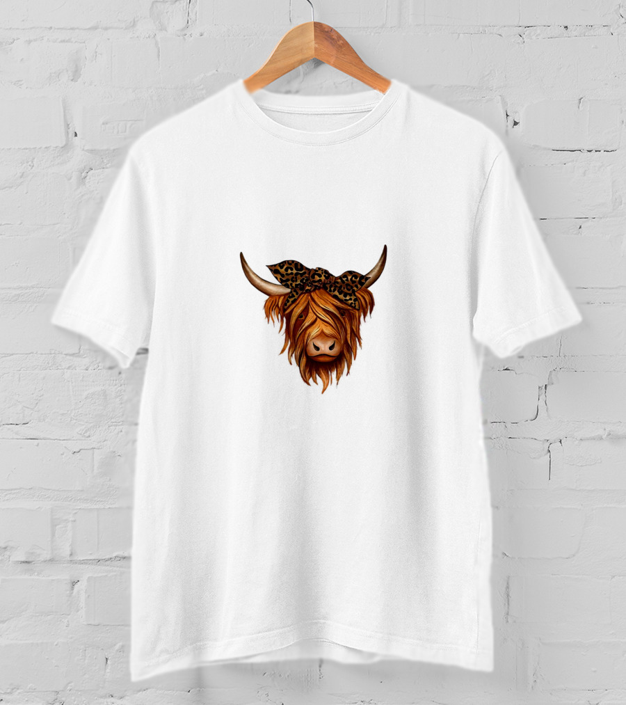 Highland Cattle Leopard Print Bow T-Shirt