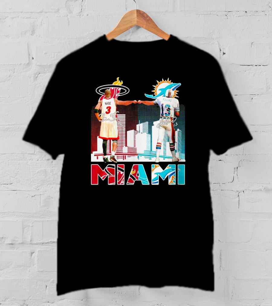 Miami Heat Dwyane Wade And Miami Dolphins Dan Marino Iconic Fist Bump Signatures T-Shirt
