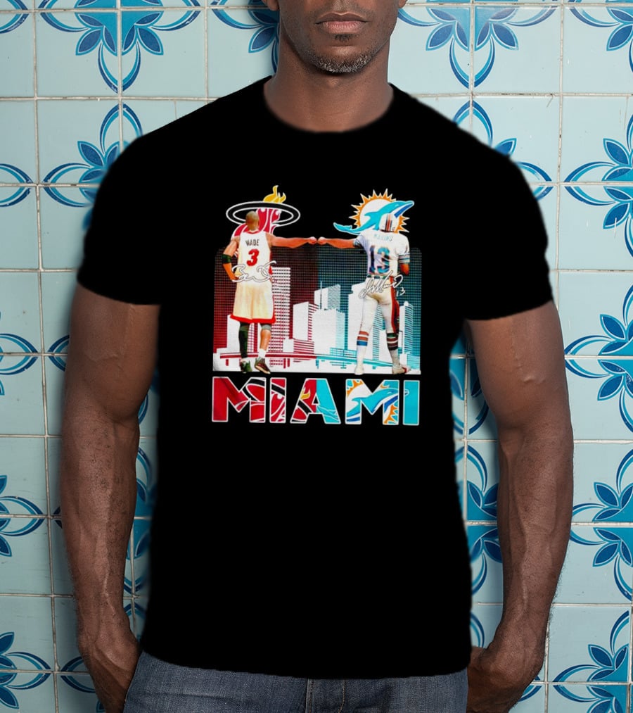 Miami Heat Dwyane Wade And Miami Dolphins Dan Marino Iconic Fist Bump Signatures T-Shirt