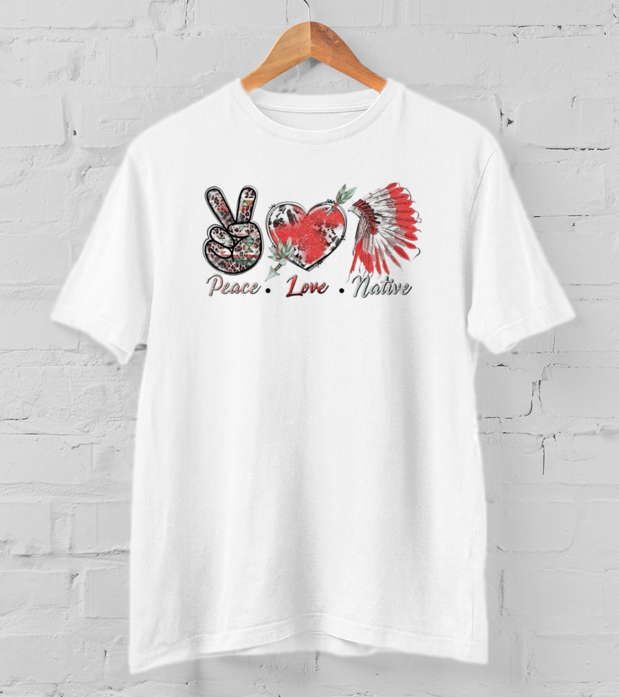 Peace Love Native Red Feather Headdress T-Shirt