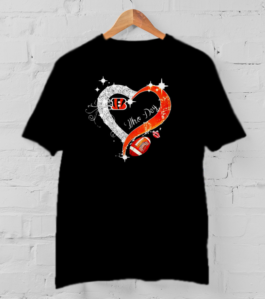 Cincinnati Bengals Who Dey Diamond Heart Football Icon With Logo And Lips T-Shirt