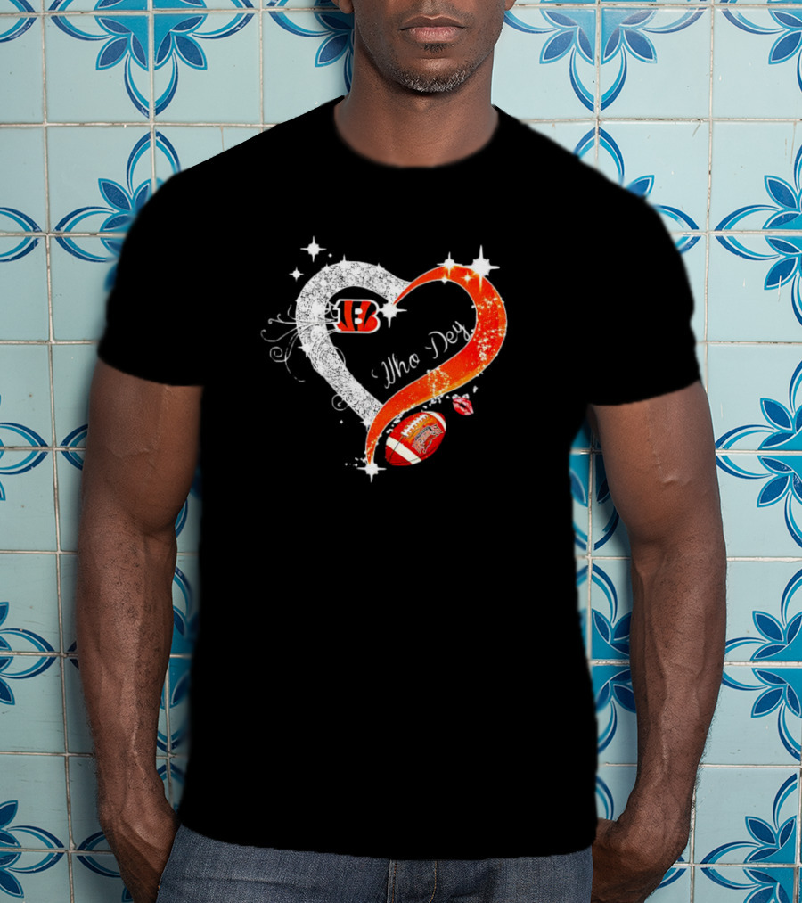 Cincinnati Bengals Who Dey Diamond Heart Football Icon With Logo And Lips T-Shirt