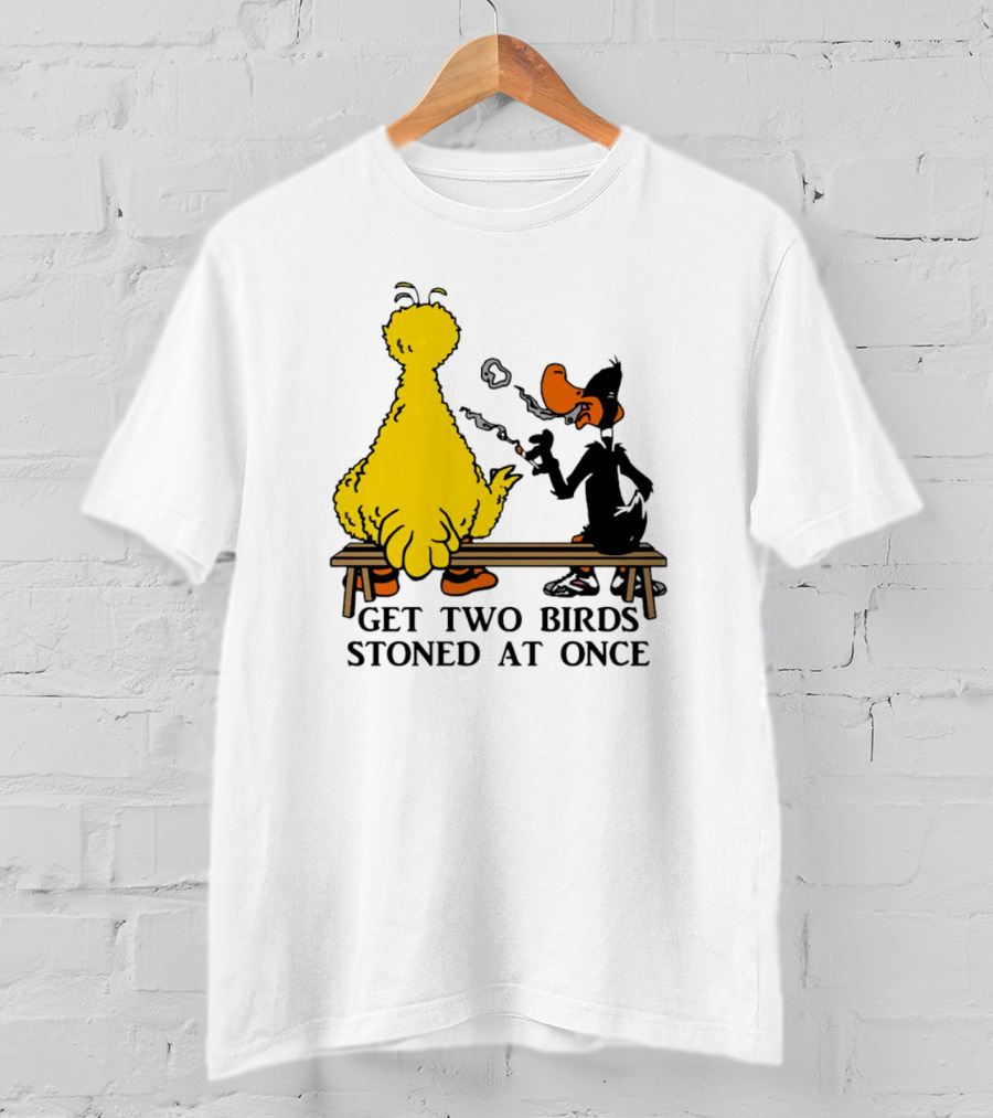 Get Two Birds Stoned At Once Smoking Yellow Black Cartoon Birds Bench T-Shirt