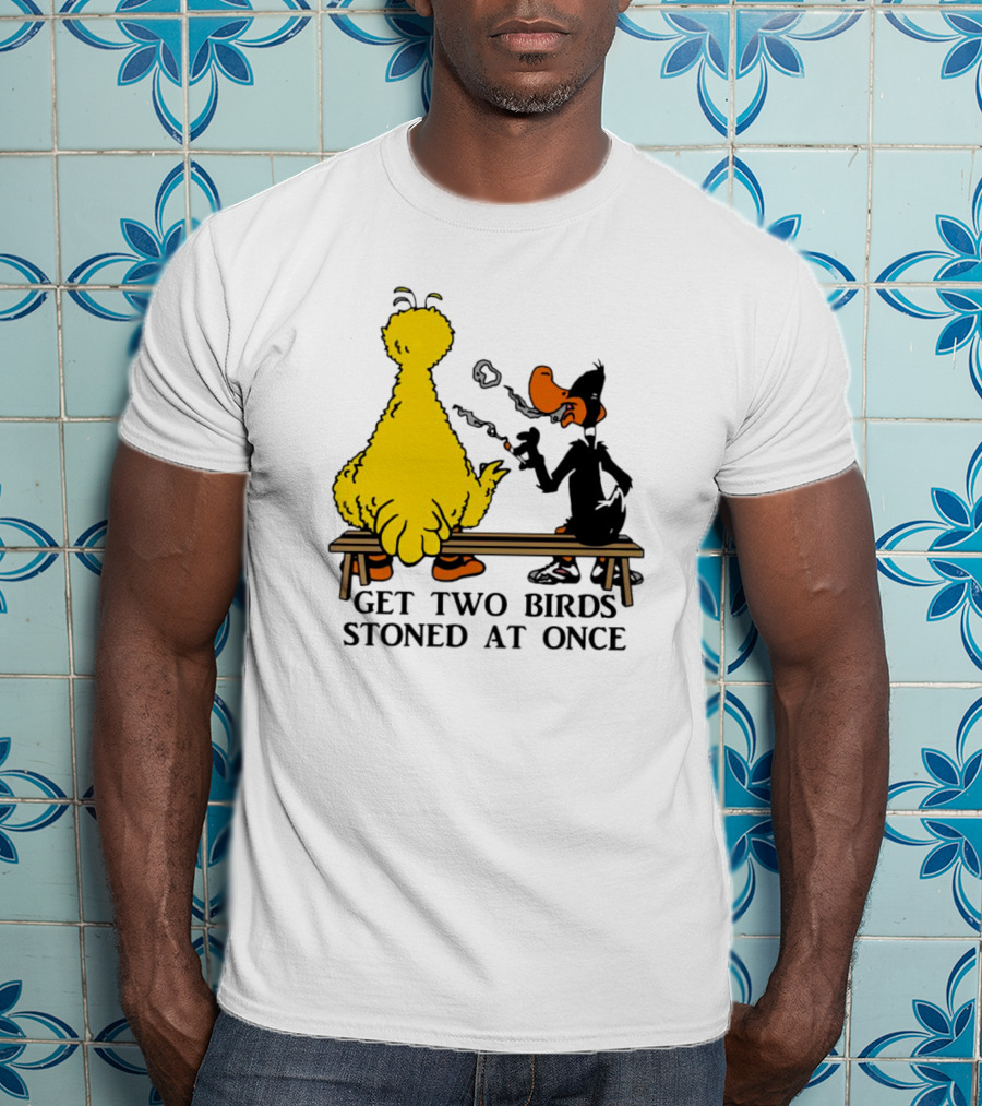 Get Two Birds Stoned At Once Smoking Yellow Black Cartoon Birds Bench T-Shirt