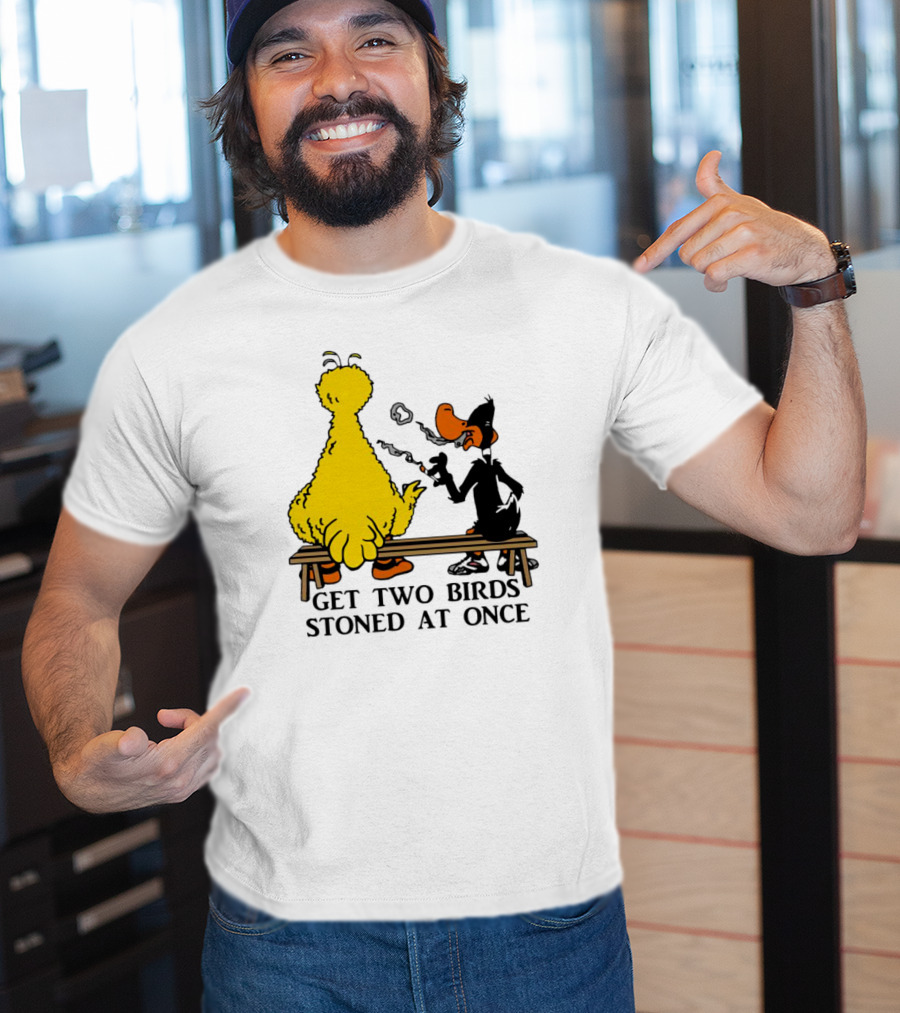 Get Two Birds Stoned At Once Smoking Yellow Black Cartoon Birds Bench T-Shirt