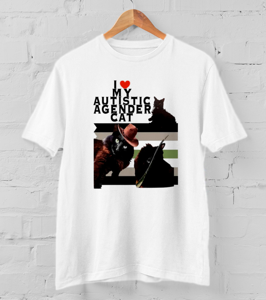 I Love My Autistic Agender Cat With Black Cats On Agender Pride Stripes T-Shirt