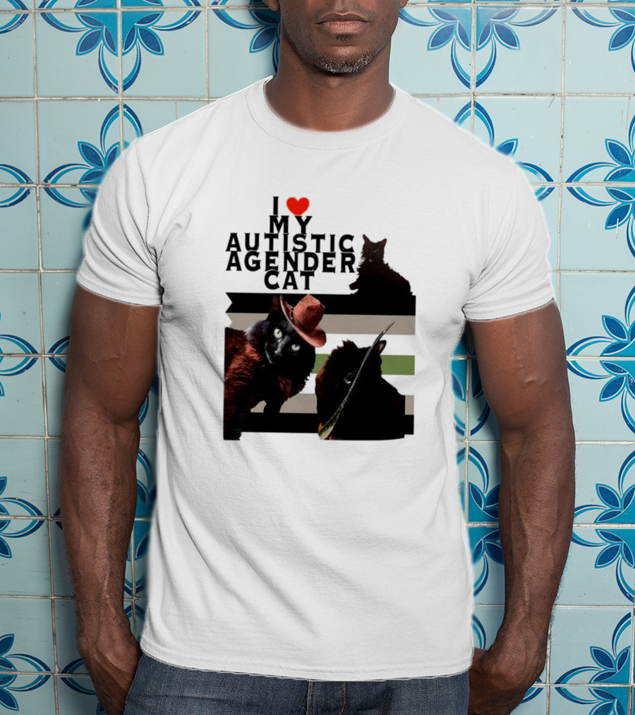 I Love My Autistic Agender Cat With Black Cats On Agender Pride Stripes T-Shirt