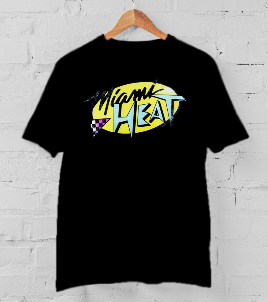 Miami Heat Retro 90s Style Logo With Neon Colors And Checkered Triangle T-Shirt