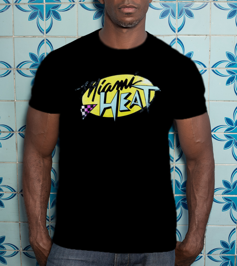 Miami Heat Retro 90s Style Logo With Neon Colors And Checkered Triangle T-Shirt