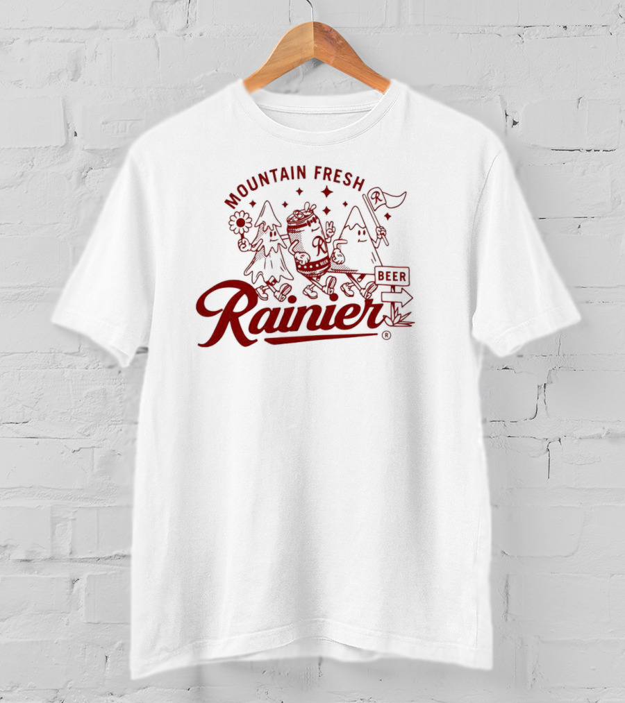 Rainier Mountain Fresh Beer Characters With Flower And Flag T-Shirt