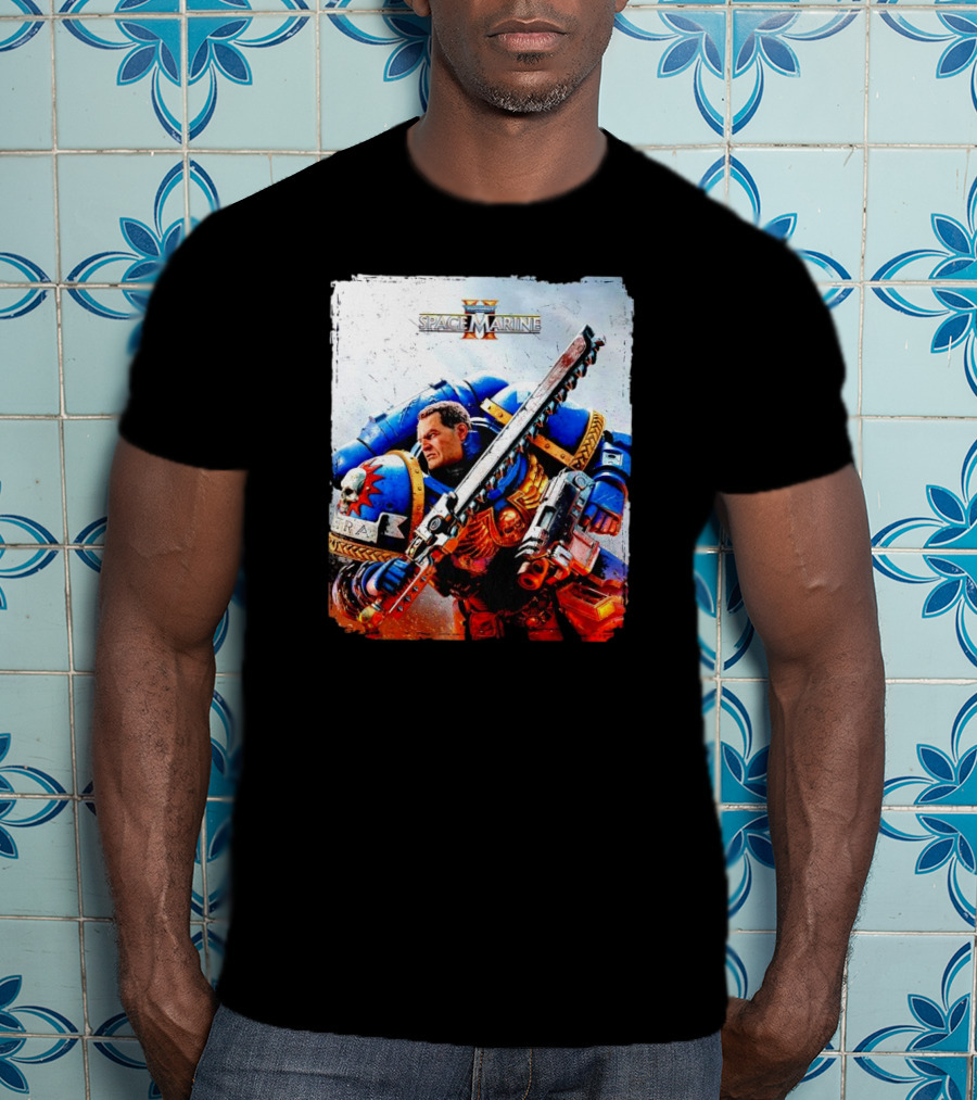 Warhammer 40000 Space Marine 2 Titus Game Art Ultramarine Warrior Battle Scene T-Shirt