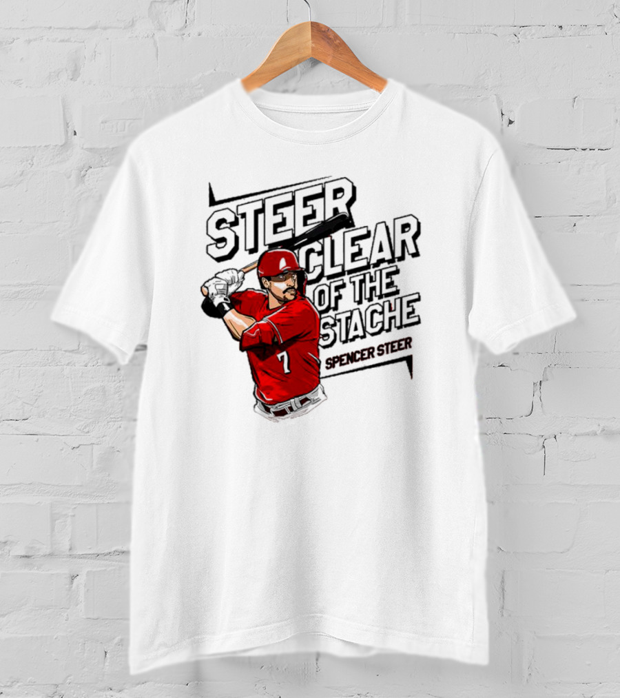 Spencer Steer Clear Of The Stache Baseball Player Illustration With Red Jersey And Bat T-Shirt