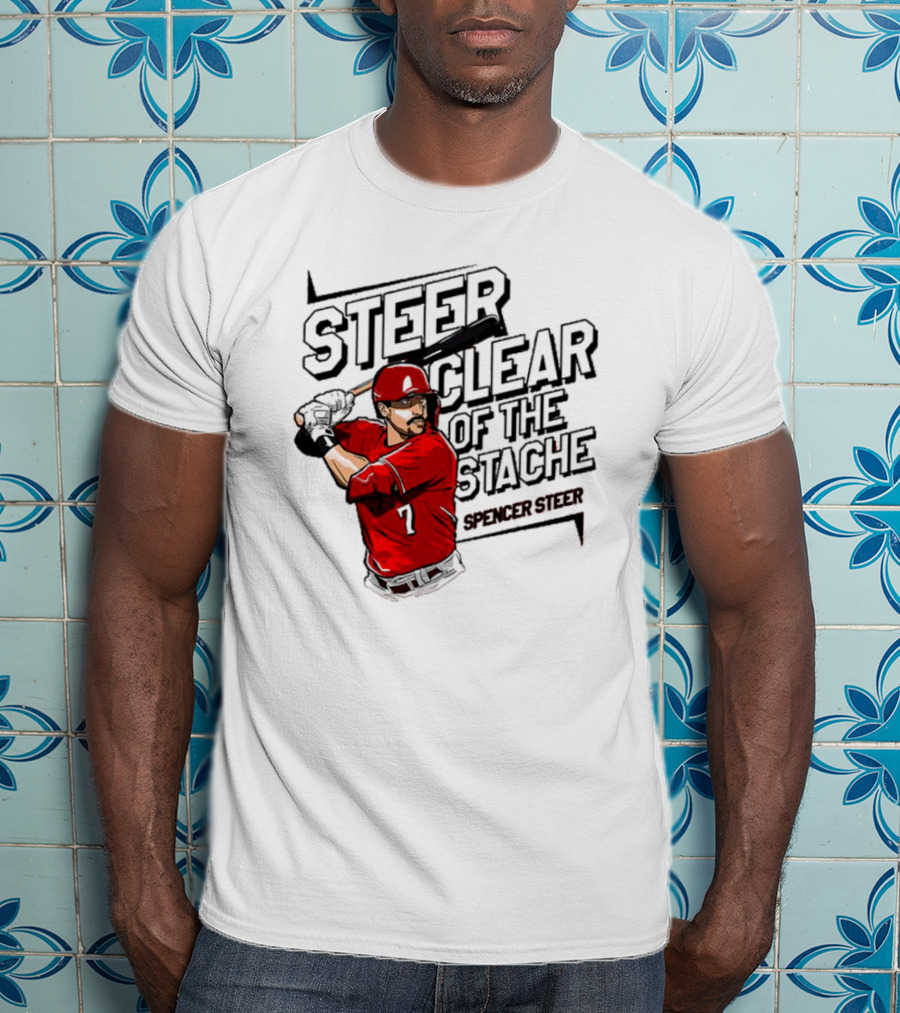 Spencer Steer Clear Of The Stache Baseball Player Illustration With Red Jersey And Bat T-Shirt