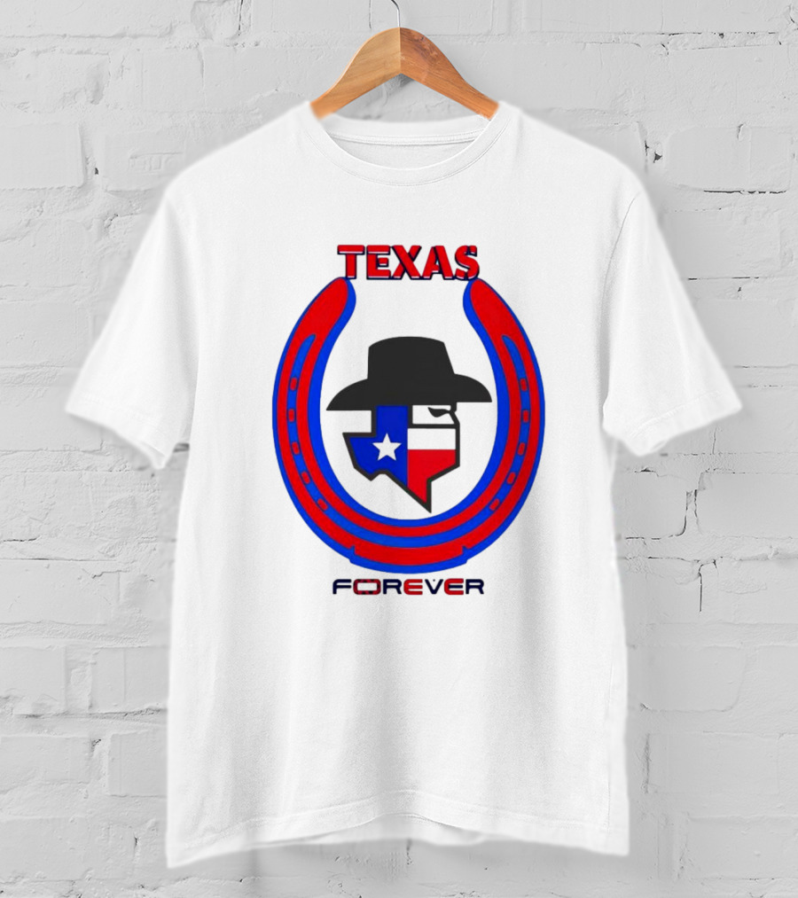 Texas Forever Lone Star Horseshoe Red Blue Cowboy Hat T-Shirt