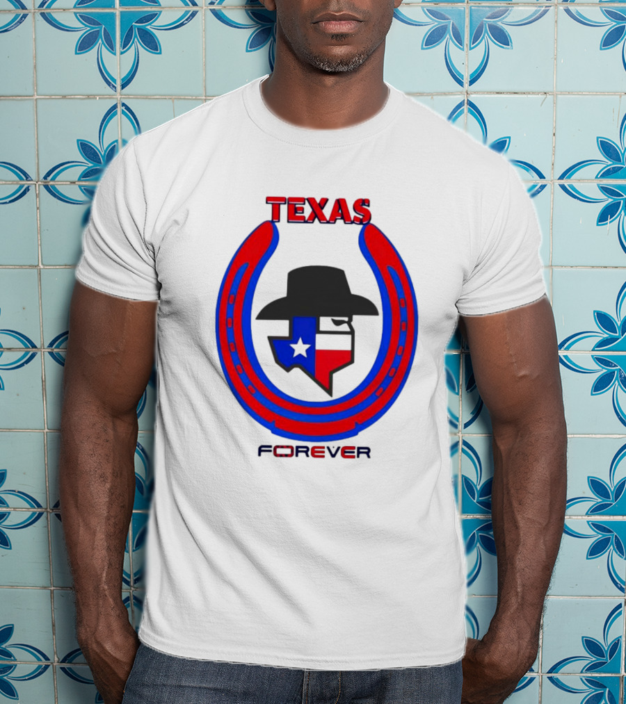 Texas Forever Lone Star Horseshoe Red Blue Cowboy Hat T-Shirt