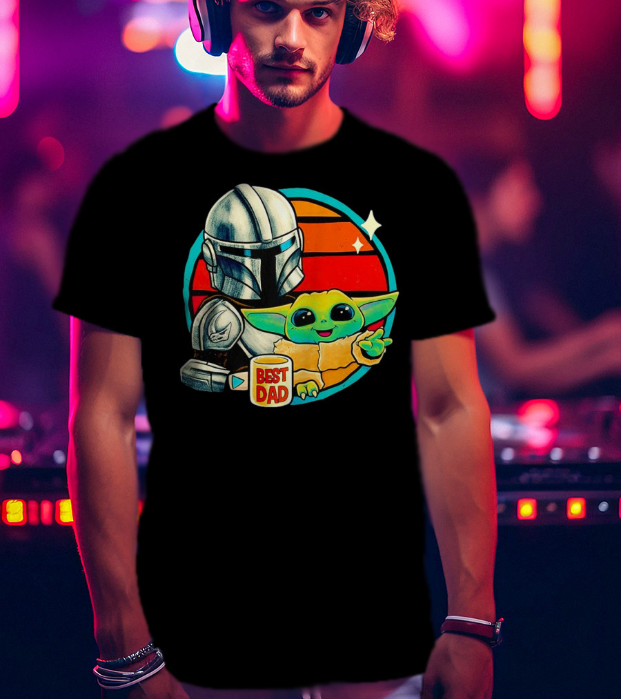 Best Dad Din Djarin With Grogu Vintage Retro Sunset T-Shirt