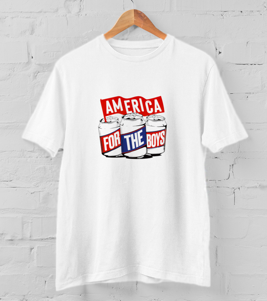 America For The Boys Beer Cans Red And Blue Text T-Shirt