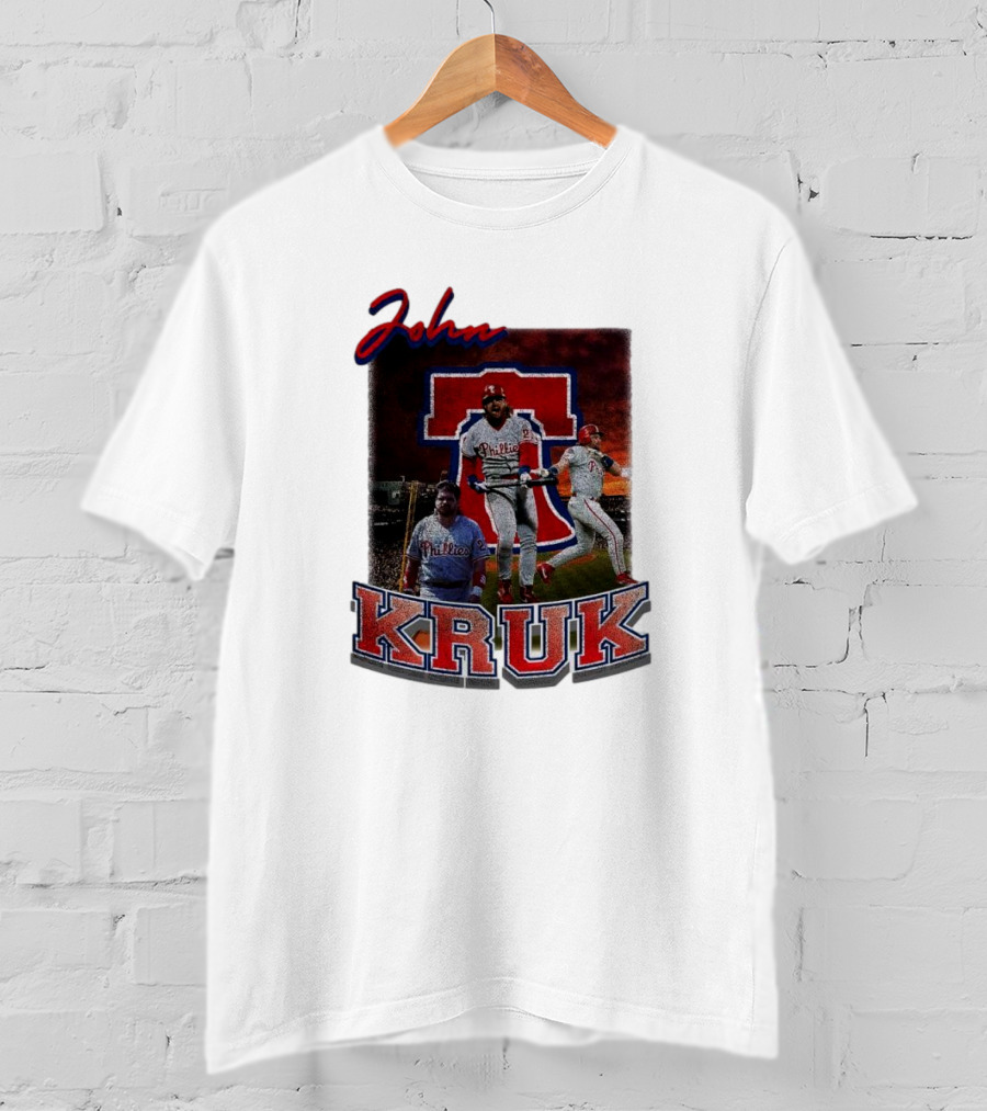 John Kruk Phillies Baseball Player Retro Style Red Blue Text T-Shirt