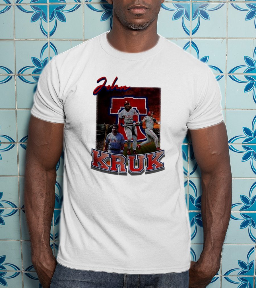 John Kruk Phillies Baseball Player Retro Style Red Blue Text T-Shirt