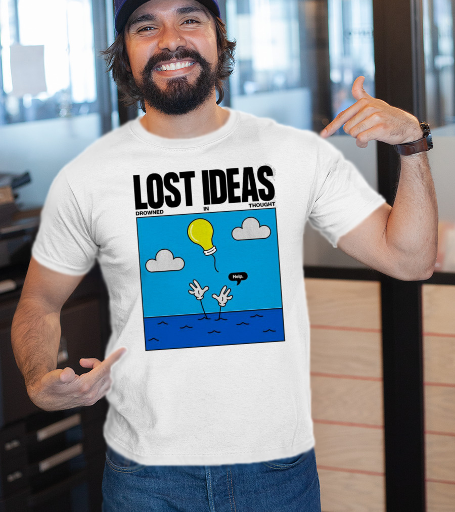 Lost Ideas Drowned In Thought Help Lightbulb Above Water Hands Clouds T-Shirt