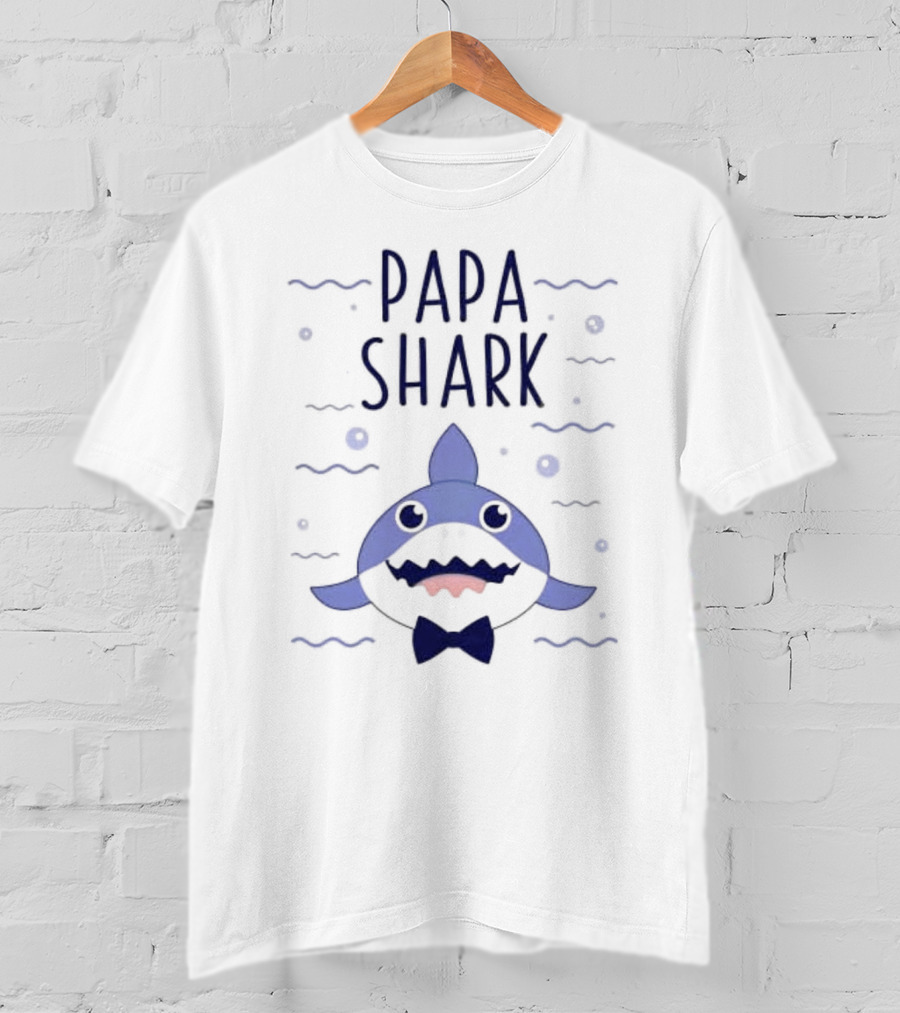 Papa Shark Bowtie Cartoon Ocean Waves T-Shirt