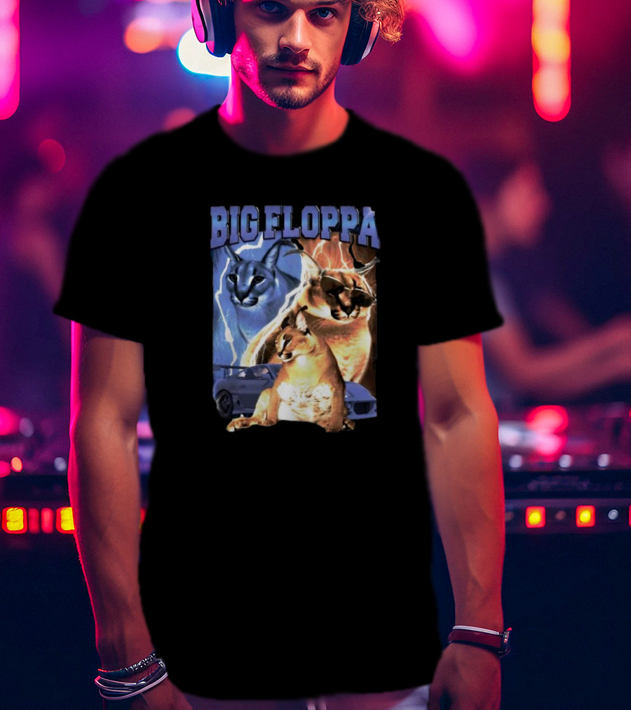 Big Floppa Lightning Caracal Trio With Lightning And Sports Car T-Shirt