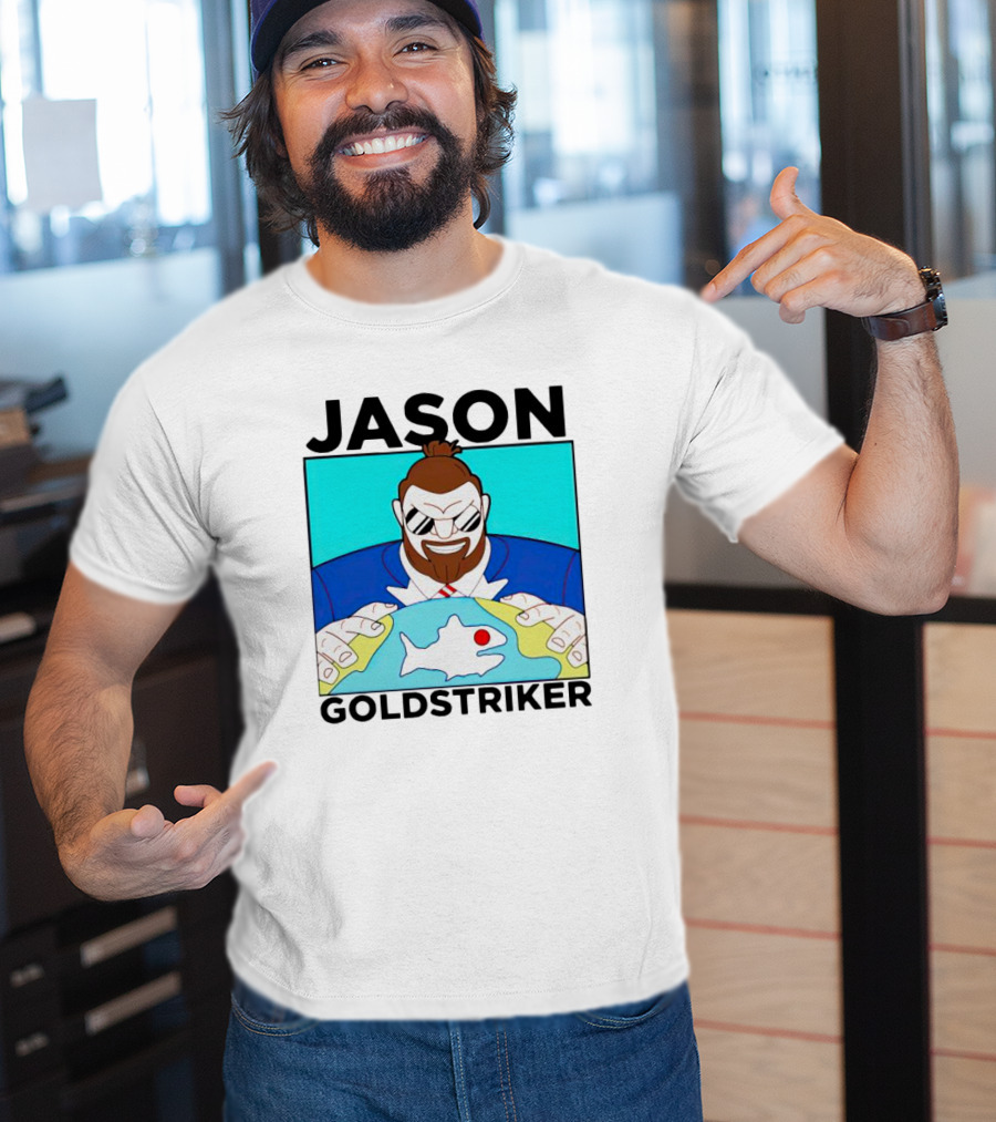 JASON GOLDSTRIKER Bold Character Holding Map With Red Marker T-Shirt